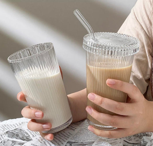 Ribbed glass cup with lid and straw